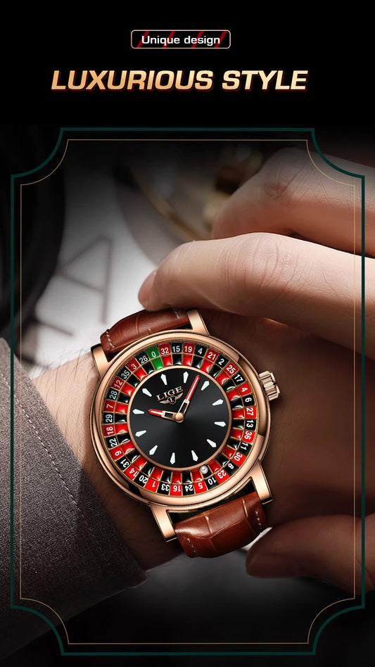 LIGE Fashion Brown Leather Men Watch Rotating Dial Las Vegas Roulette Desktop Theme Watch Men Waterproof Luminous Clock Watches