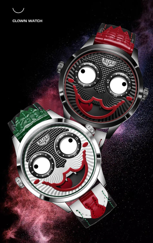 LIGE New Creative Watches For Men Fashion Clown Quartz Wristwatch Top Brand Luxury Cool Joker Waterproof Men Watch Reloj Hombre