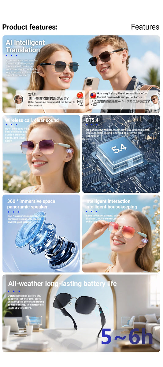 LIGE Outdoor Smart Glasses For Men Women AI Translation Bluetooth Glasses Music Voice Assistant Anti-UV Smart Camera Sunglasses