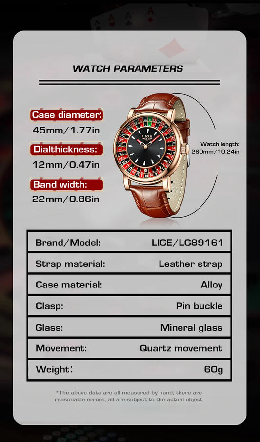 LIGE Fashion Brown Leather Men Watch Rotating Dial Las Vegas Roulette Desktop Theme Watch Men Waterproof Luminous Clock Watches