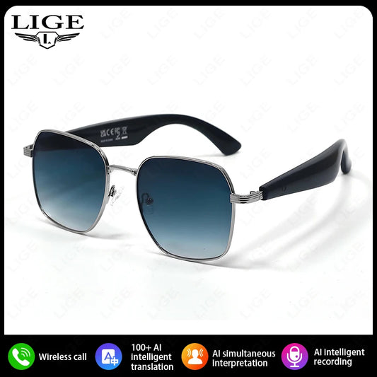LIGE Smart Glasses Sunglasses with Bluetooth Speaker Wirless 5.4 Athletic Outdoor UV Protection AI translation Camera Glasses