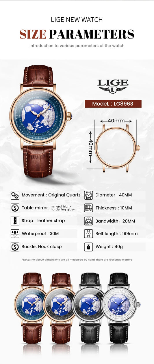LIGE 2023 Top Luxury Brand Quartz Watch Men Leather Strap Military Watches 30ATM Waterproof Wristwatch Relogio Masculino 2023