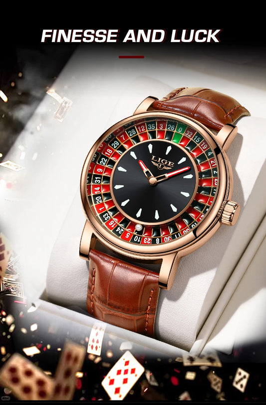 LIGE Fashion Brown Leather Men Watch Rotating Dial Las Vegas Roulette Desktop Theme Watch Men Waterproof Luminous Clock Watches