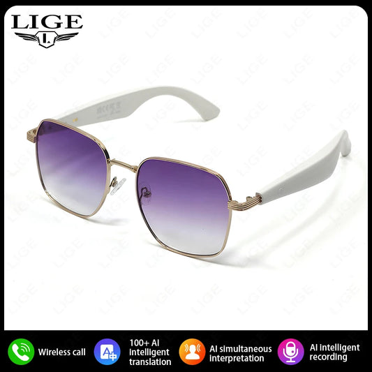 LIGE Outdoor Smart Glasses For Men Women AI Translation Bluetooth Glasses Music Voice Assistant Anti-UV Smart Camera Sunglasses