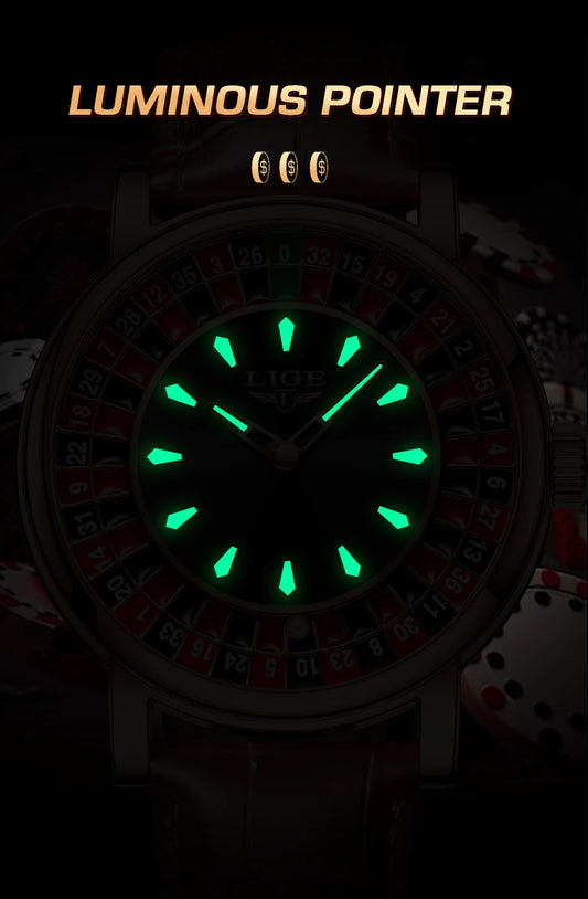 LIGE Fashion Brown Leather Men Watch Rotating Dial Las Vegas Roulette Desktop Theme Watch Men Waterproof Luminous Clock Watches