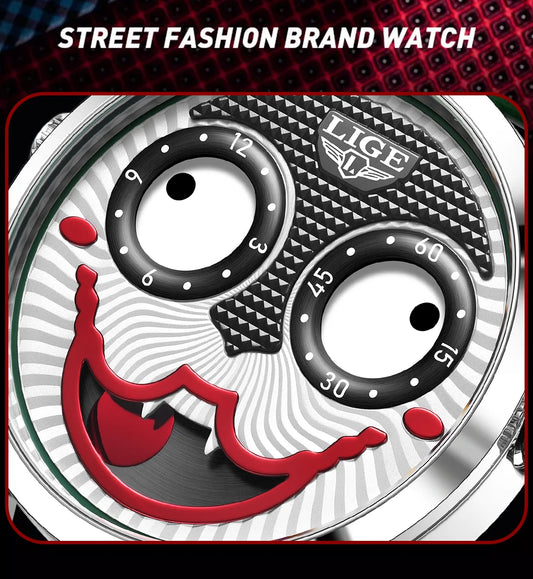 LIGE New Creative Watches For Men Fashion Clown Quartz Wristwatch Top Brand Luxury Cool Joker Waterproof Men Watch Reloj Hombre
