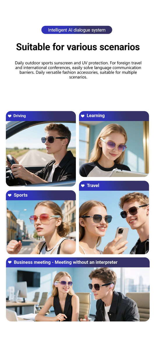 LIGE Smart Glasses Sunglasses with Bluetooth Speaker Wirless 5.4 Athletic Outdoor UV Protection AI translation Camera Glasses