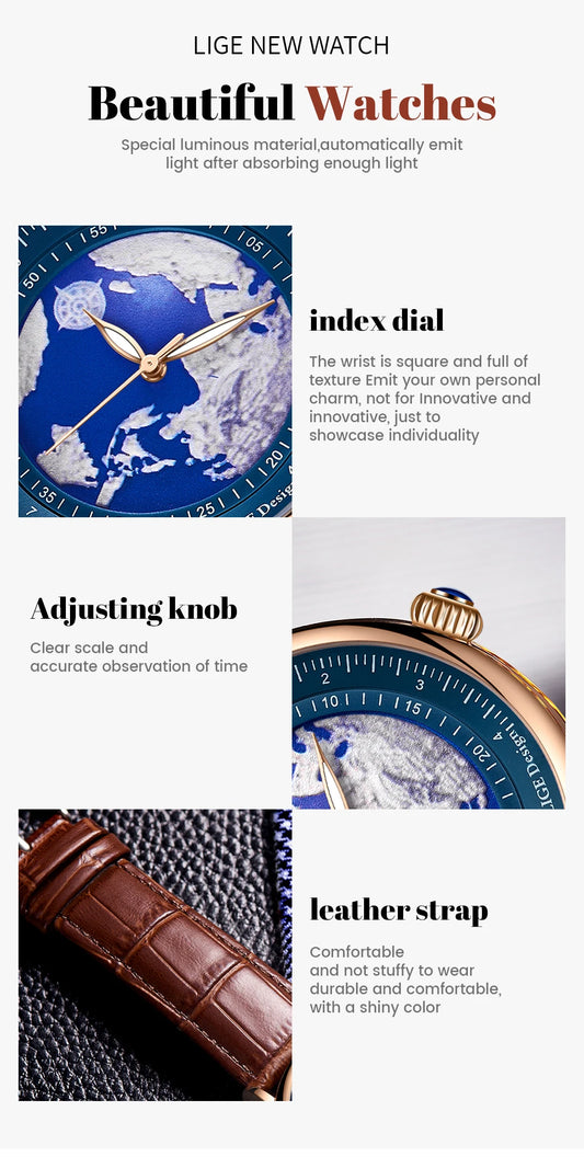 LIGE 2023 Top Luxury Brand Quartz Watch Men Leather Strap Military Watches 30ATM Waterproof Wristwatch Relogio Masculino 2023