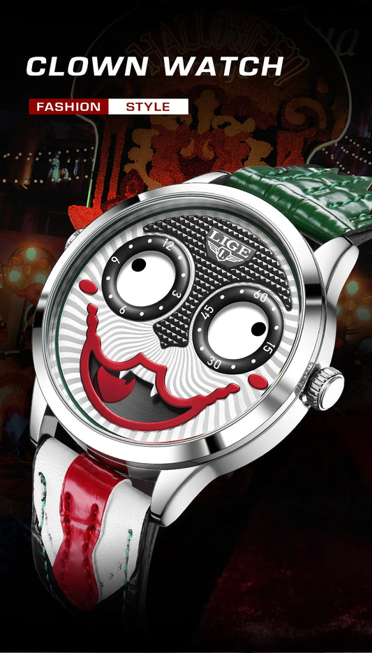 LIGE New Creative Watches For Men Fashion Clown Quartz Wristwatch Top Brand Luxury Cool Joker Waterproof Men Watch Reloj Hombre