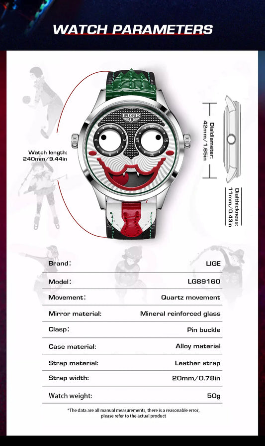 LIGE New Creative Watches For Men Fashion Clown Quartz Wristwatch Top Brand Luxury Cool Joker Waterproof Men Watch Reloj Hombre