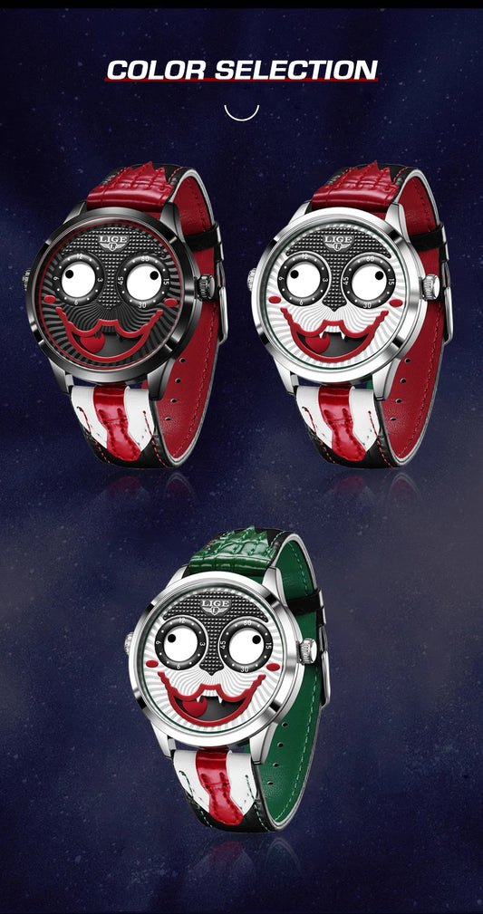 LIGE 2025 Creative Watches For Men Clown Fashion Quartz Wristwatches Waterproof Leather Strap Mens Watch Cool Joker Reloj Hombre