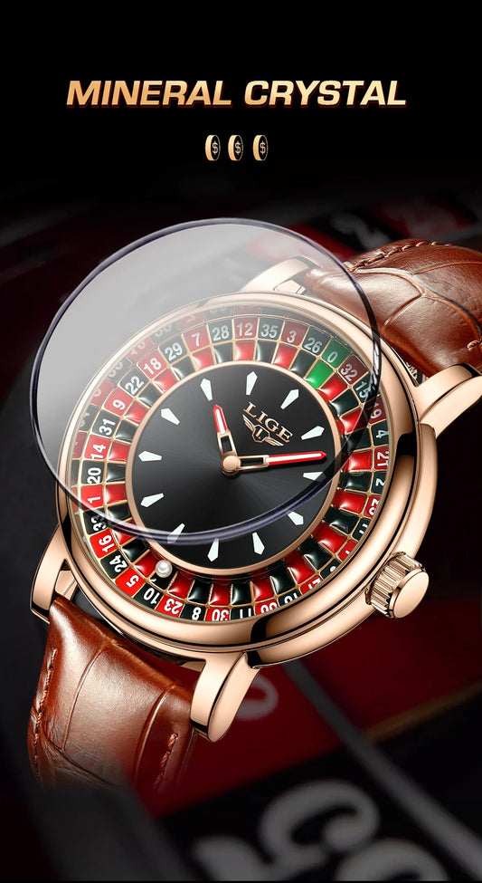 LIGE Fashion Brown Leather Men Watch Rotating Dial Las Vegas Roulette Desktop Theme Watch Men Waterproof Luminous Clock Watches