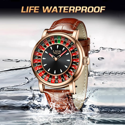 LIGE Fashion Brown Leather Men Watch Rotating Dial Las Vegas Roulette Desktop Theme Watch Men Waterproof Luminous Clock Watches
